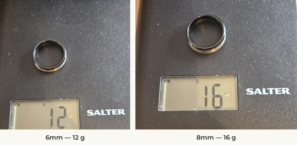 The Champion 6mm and 8mm tungsten rings on a Salter scale reading 12 g and 16 g