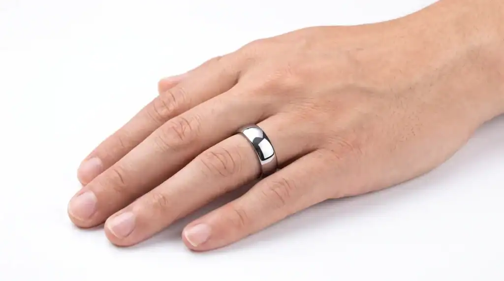 Elie silver tungsten ring from Newman Bands worn on a man's ring finger