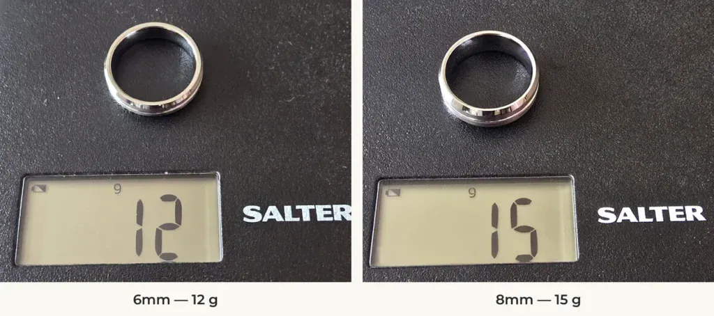 The Milan 6mm and 8mm silver-coloured tungsten rings on a Salter scale reading 12 g and 15 g