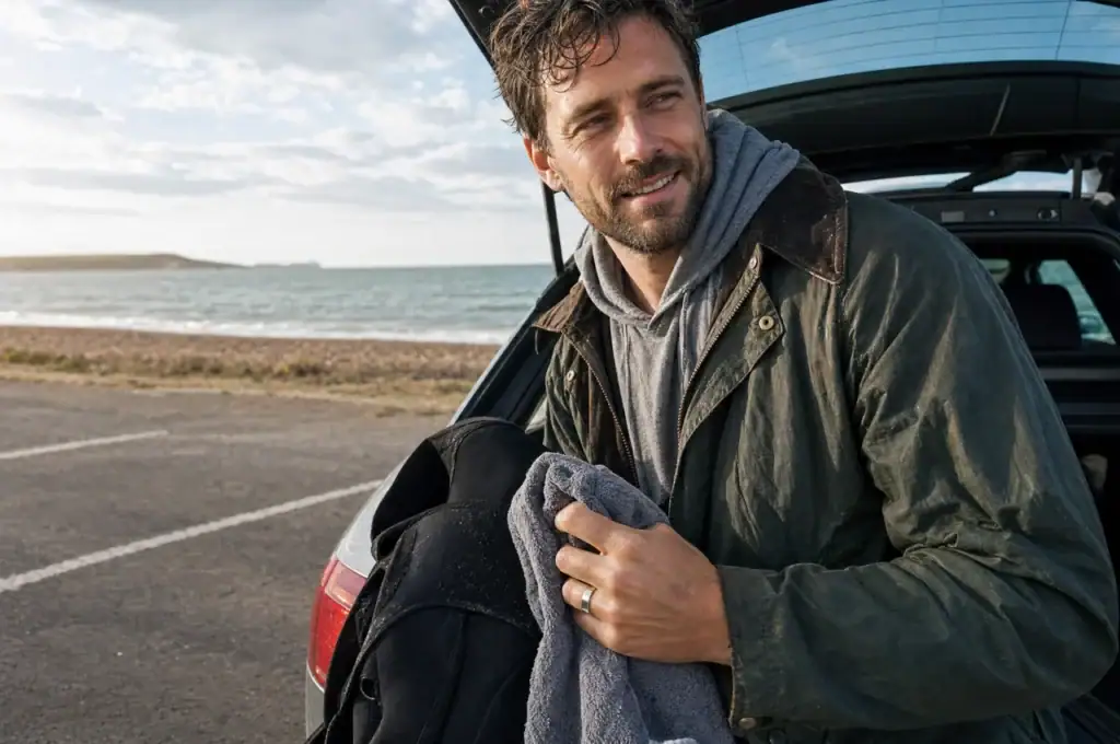 A man at the open boot of his car after a sea swim, holding a towel, with the Elie polished silver-coloured tungsten wedding ring on his ring finger