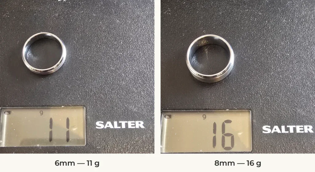 The Zen 6mm and 8mm silver-coloured tungsten rings on a Salter scale reading 11 g and 16 g