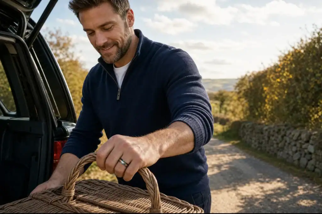 A man in a navy jumper loading a wicker picnic basket into an estate car on an autumn lane, wearing the Champion tungsten ring with its rose gold groove and black edges on his ring finger