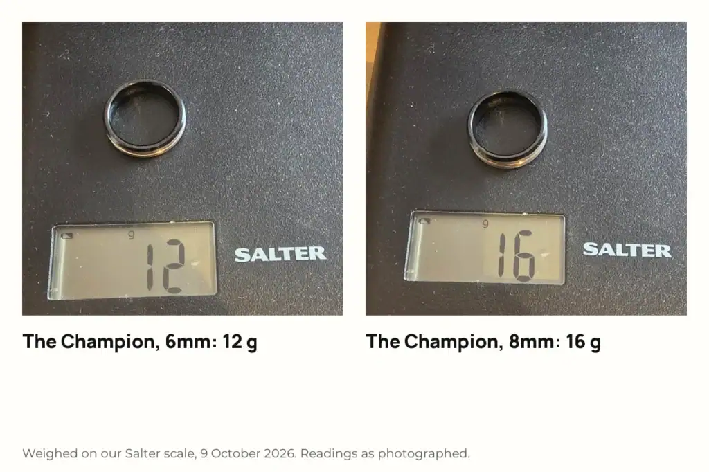 The Champion 6mm and 8mm rings on a Salter scale reading 12 g and 16 g