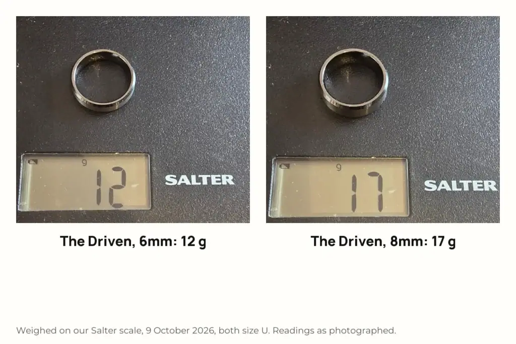 The Driven 6mm and 8mm gunmetal grey rings on a Salter scale reading 12 g and 17 g