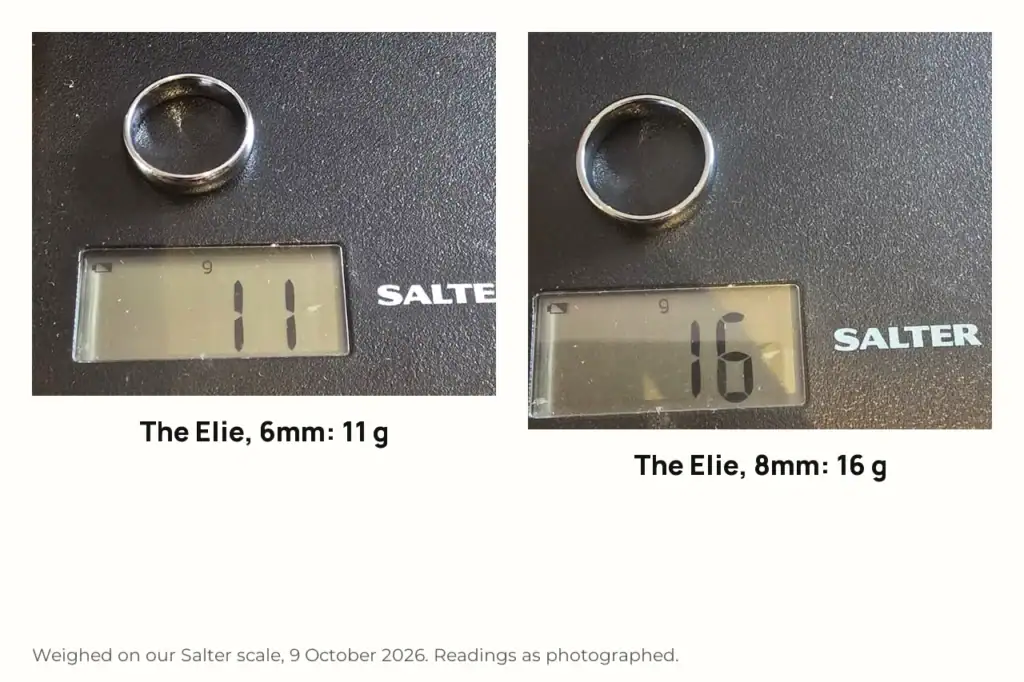 The Elie 6mm and 8mm rings on a Salter scale reading 11 g and 16 g