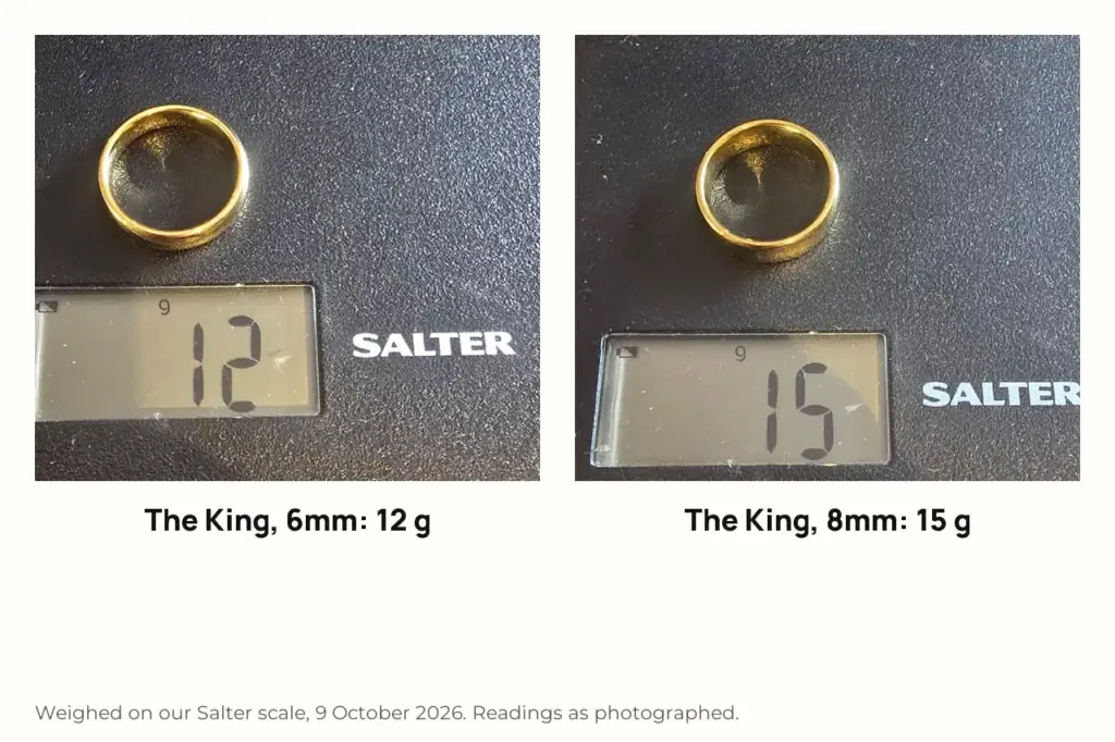 The King 6mm and 8mm rings on a Salter scale reading 12 g and 15 g