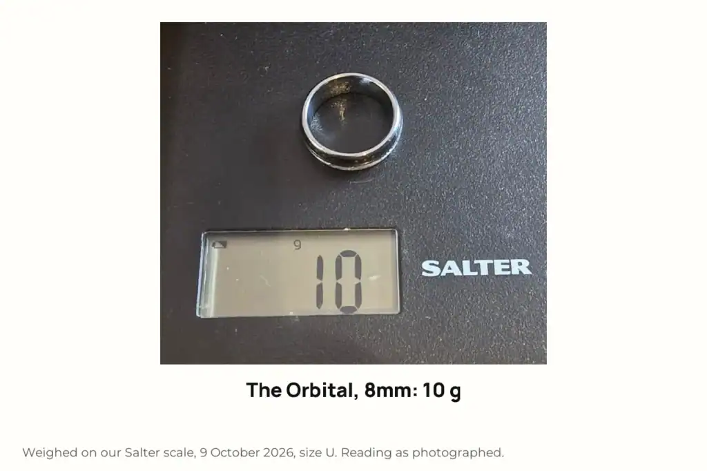 The Orbital 8mm ring on a Salter scale reading 10 g