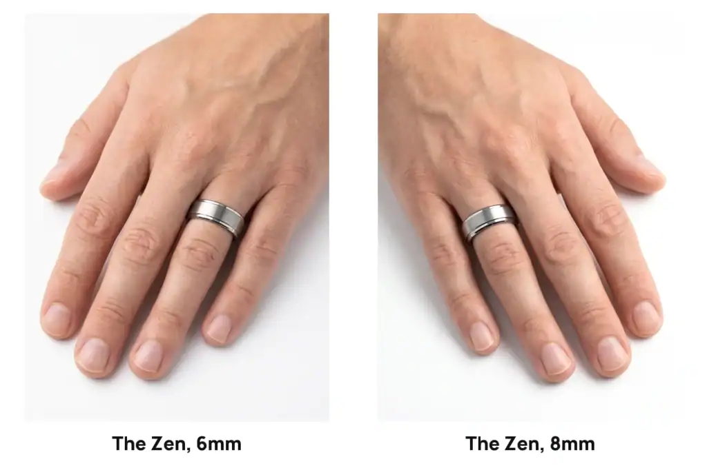 The Zen silver tungsten ring in 6mm and in 8mm, each worn on the ring finger of a hand against a white studio background