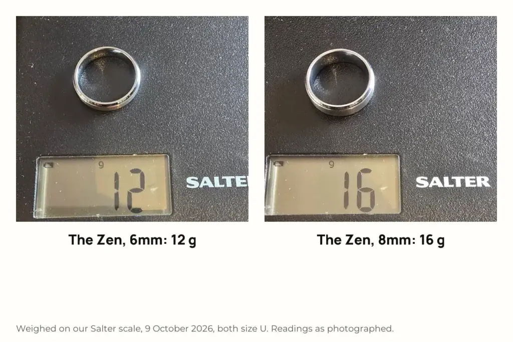 The Zen 6mm and 8mm rings on a Salter scale reading 12 g and 16 g
