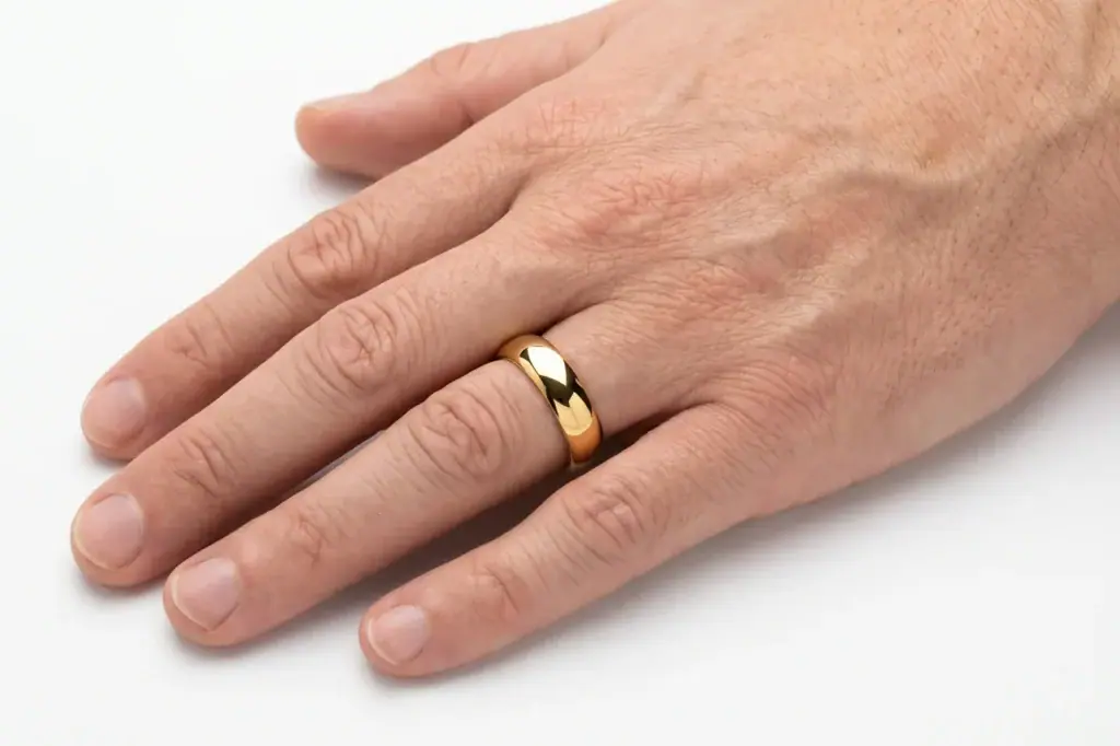 A 6mm gold tungsten ring (the King) worn on a man's ring finger