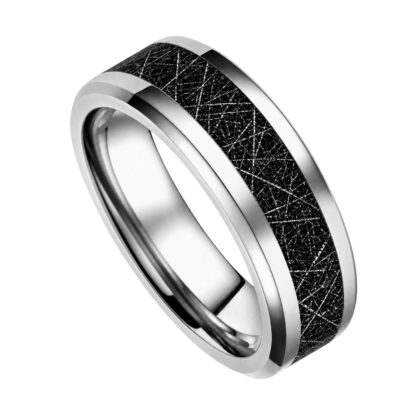 Close-up of a men's polished silver tungsten wedding ring featuring a black faux meteorite centre inlay sealed beneath smooth resin, with polished bevelled edges.
