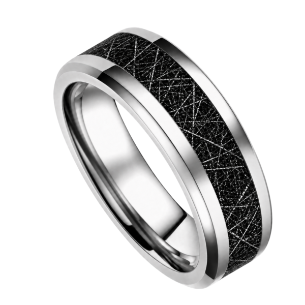 Close-up of a men's polished silver tungsten wedding ring featuring a black faux meteorite centre inlay sealed beneath smooth resin, with polished bevelled edges.