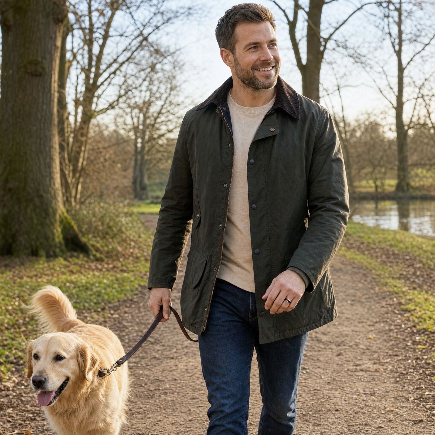 Smiling man wearing a silver tungsten ring with a black meteorite-style inlay while walking his golden retriever through a park on a winter day.