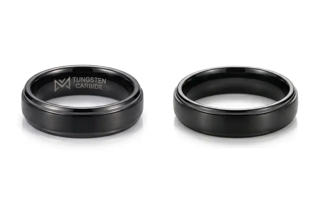 The black tungsten Pursuit and the black ceramic Esteem rings side by side, both with a brushed centre and polished stepped edges