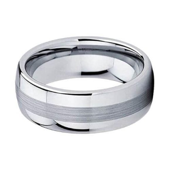 Polished and Brushed Silver Men's Tungsten Ring modern traditional design style 8mm