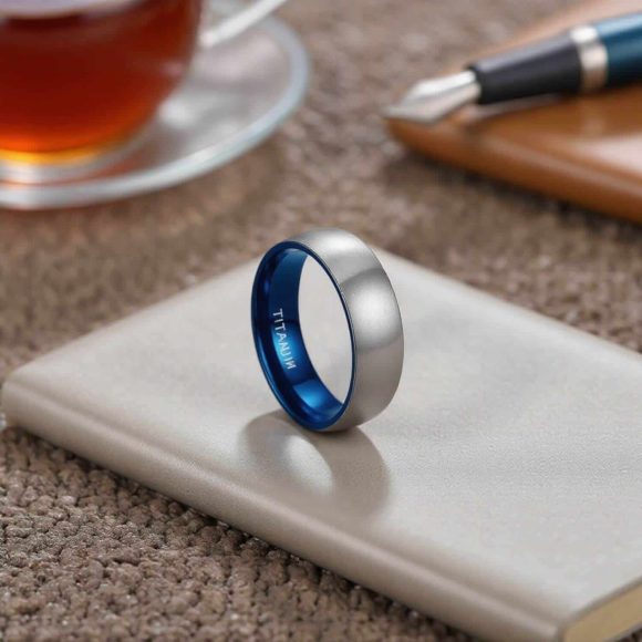 Silver titanium ring for him - brushed finish and blue inside