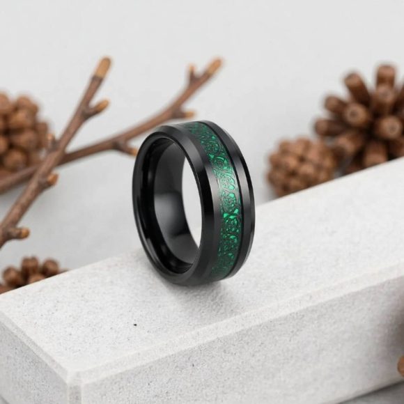 Deco – Black and Green Mens Wedding Band, Engagement Ring, Fashion Statement Ring – Carbon Fibre set in a Tungsten Ring for Him Black and Green Mens Wedding Band / Engagement Ring. Made with tungsten and carbon fibre