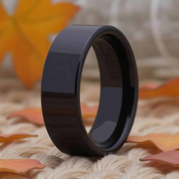 Ebony – Polished Black Mens Wedding Band or Engagement Ring Mens Black Tungsten Ring