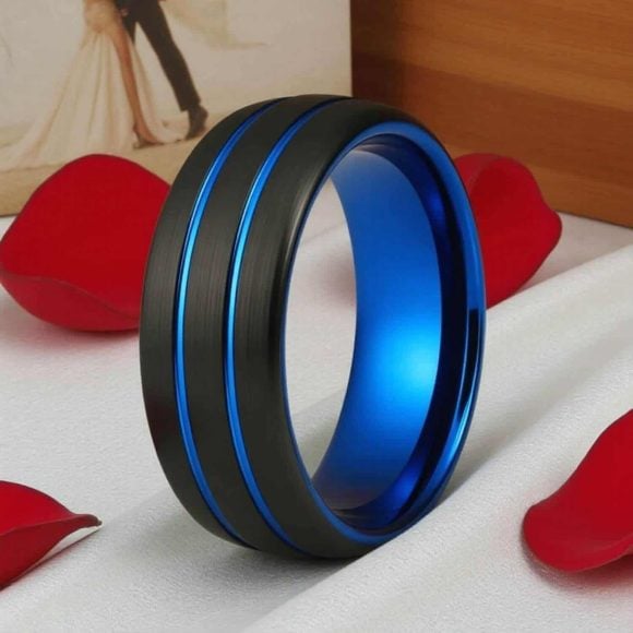 black ring for men on tungsten with blue highlights modern style design
