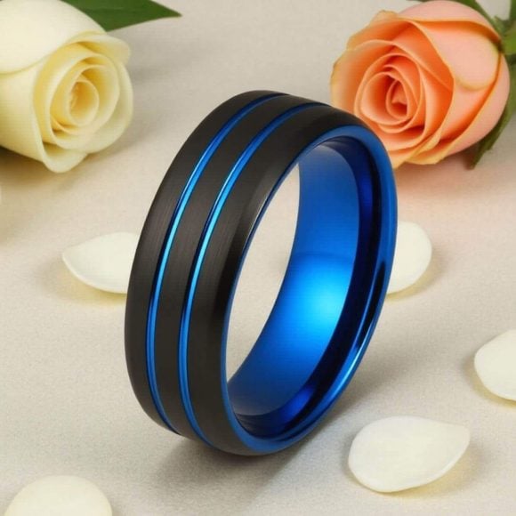 Elation – Personalised Engraving – Mans Wedding Band or Engagement Ring Mans Ring - Black and Blue Tungsten Carbide Band