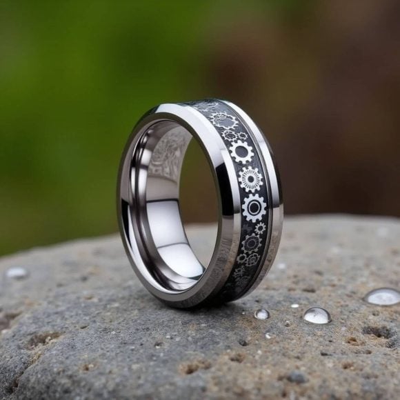 Escapism – Male Wedding Ring or Engagement Ring – Custom Ring Engraving Carbon Fibre and Tungsten Ring for Men - Wedding Band with Custom Ring Engraving