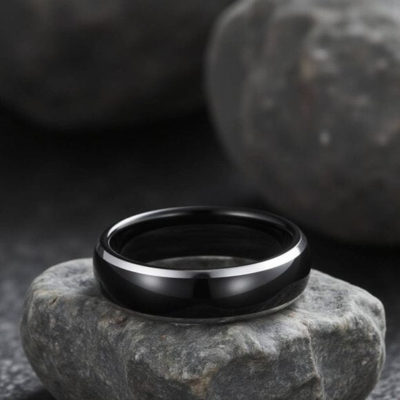 Fearless – Male Promise Ring – Black Tungsten Band with Silver Male Tungsten Ring - Black with silver Edges