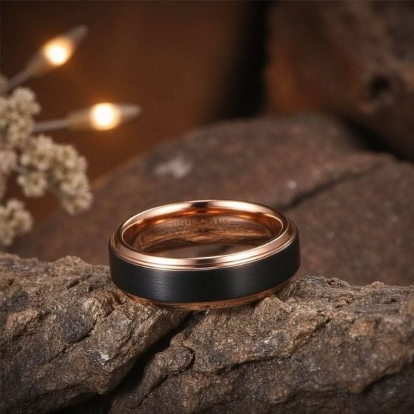 Florence-mens-wedding-band-matte-black-tungsten-ring-rose-gold-edges-gents-eternity-promise-ring-for-him-personalised
