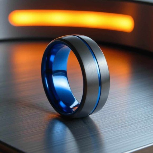 Flow – Promise, Eternity Ring for Him – Gunmetal Grey with Blue Gents promise ring in gunmetal grey and blue