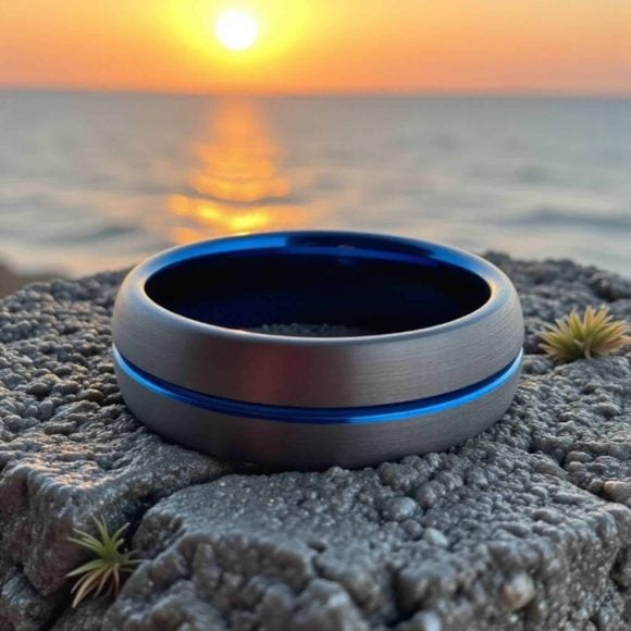 Flow – A stunning tungsten ring for Men – Gunmetal Grey and Blue Gunmetal grey ring for him with band of blue