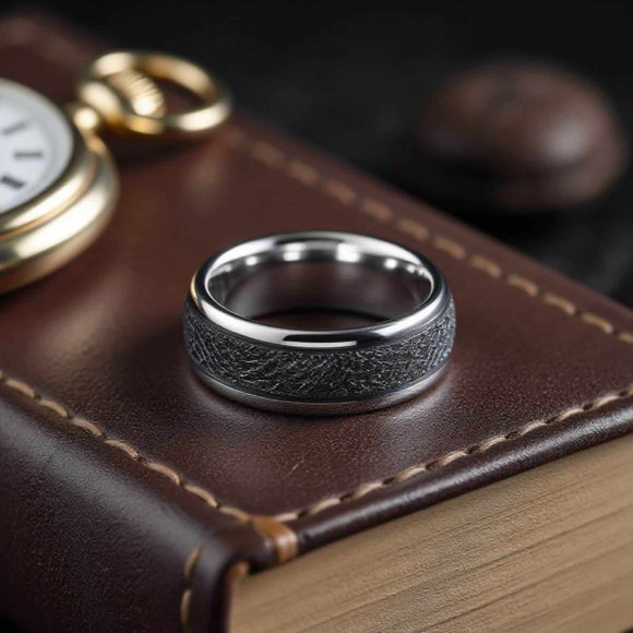 Tungsten ring for him featuring a meteorite inlay