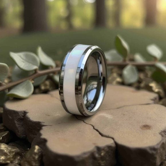 Mens Pearl Ring Set within Silver Tungsten