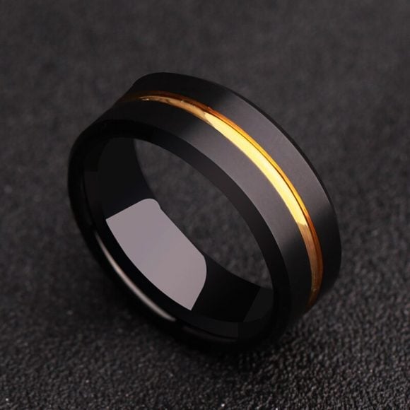 Men's Black Tungsten Ring with Gold Groove | Opulent