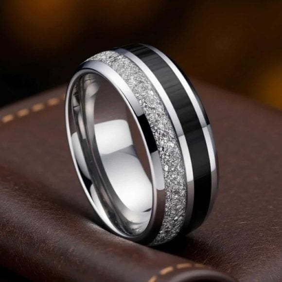 Men’s silver tungsten ring with faux meteorite and carbon fibre inlay, versatile eternity ring, promise ring, or fashionable band for guys.