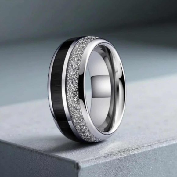 Mens tungsten ring with faux meteorite and carbon fibre, a bold male wedding band, mans engagement ring, or stylish gents eternity ring.