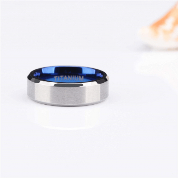 Man’s Titanium Ring – Silver and Blue 6mm – Primo Man's Titanium Ring - Silver and Blue