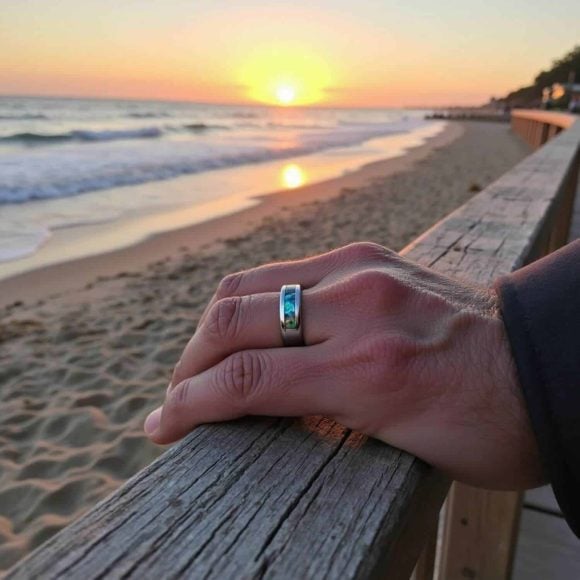 Man wearing tungsten ring with abalone inlay