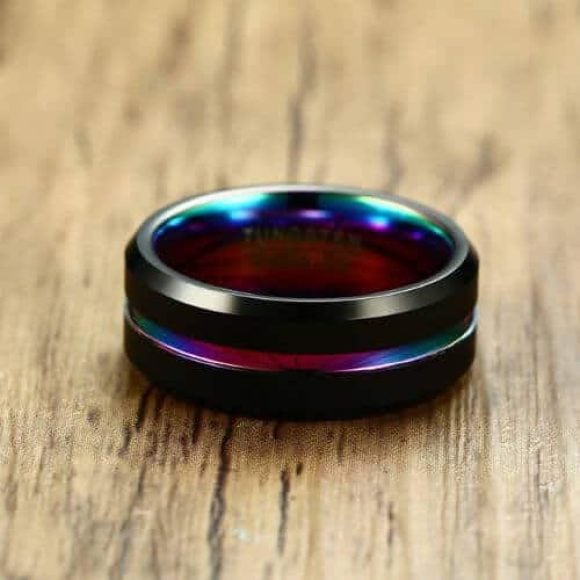Black tungsten ring for men with rainbow gay pride colours 6mm or 8mm modern style design