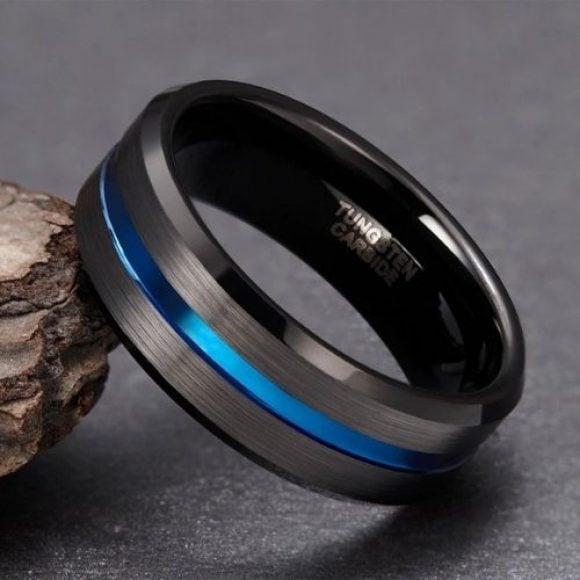 Visionary – Tungsten Carbide Men’s Ring – Black and Blue Black Tungsten Carbide Ring for Men with Groove of Blue