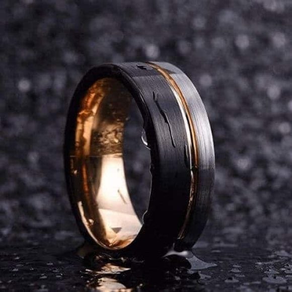 ThePerfectionist brushed black ring with silver side and small gold band