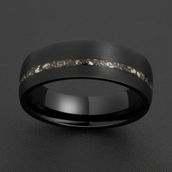 Mens black tungsten meteorite ring, stylish brushed band suitable for wedding, engagement or promise