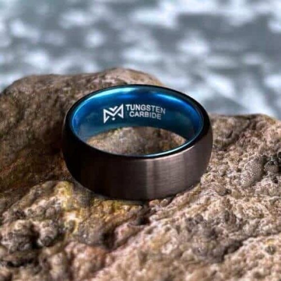 Tungsten ring for guys - black with blue inside