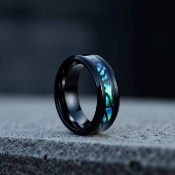 Harmony – Fashion statement ring for men – wedding ring for men – Black Titanium with Abalone Shell Fashionable wedding band for men with intricate pattern - Black titanium male ring featuring abalone shell