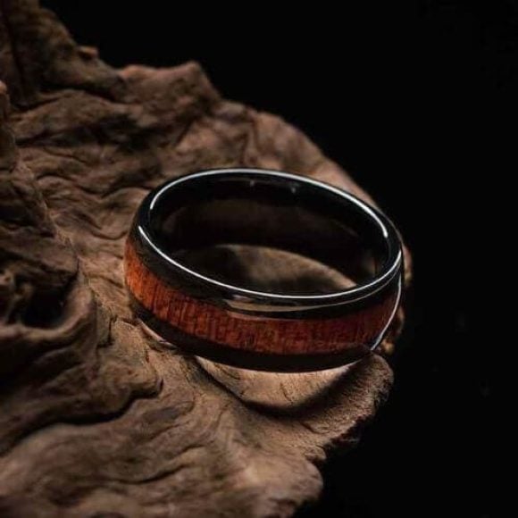 Men's black tungsten ring with wood inlay 8mm