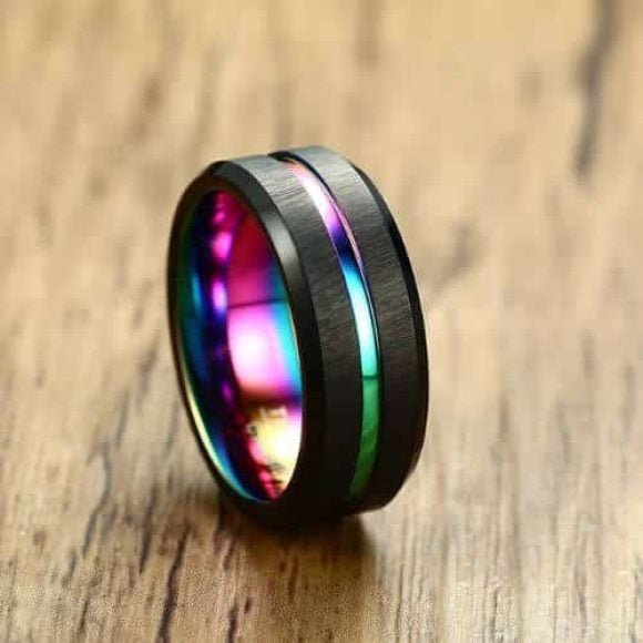 Unity Mens gay pride ring with balck sides mens pride ring. Gay pride black band for everyone. modern style