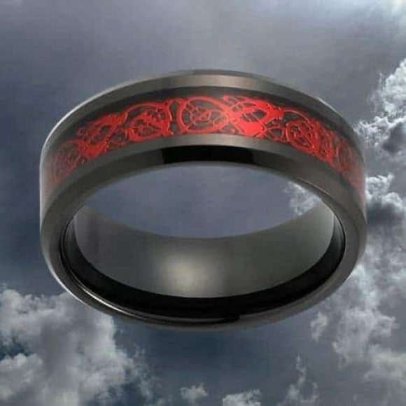 red mens ring with black rims tungsten 8mm modern design style