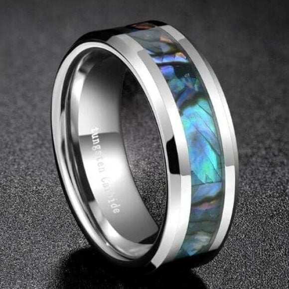 The Shield Silver mens ring with shell inlay made from tungsten