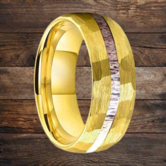 Tungsten mens ring with hammered gold tungsten ring with inlay of antler