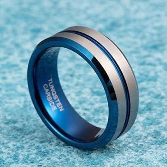 Blue Lagoon brushed silver ring silver blue ring for men 8mm tungsten