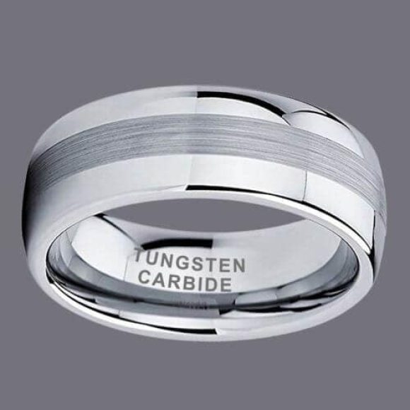 Domed silver ring with brushed silver centre for men tungsten band