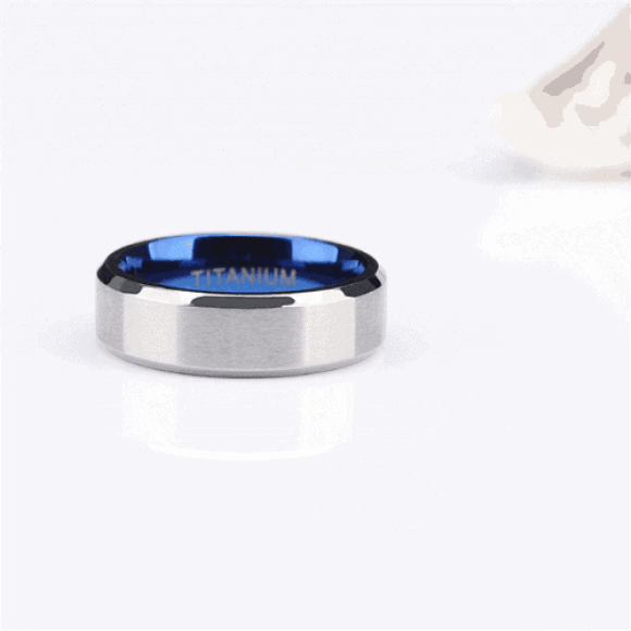 blue silver mens ring, brushed silver outside, blue inside 